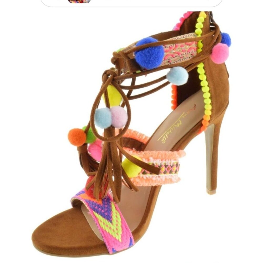 Anne Michelle Colorful Pom Pom Size 9 Embellished Tie-Up‎ Heels - Picture 3 of 10